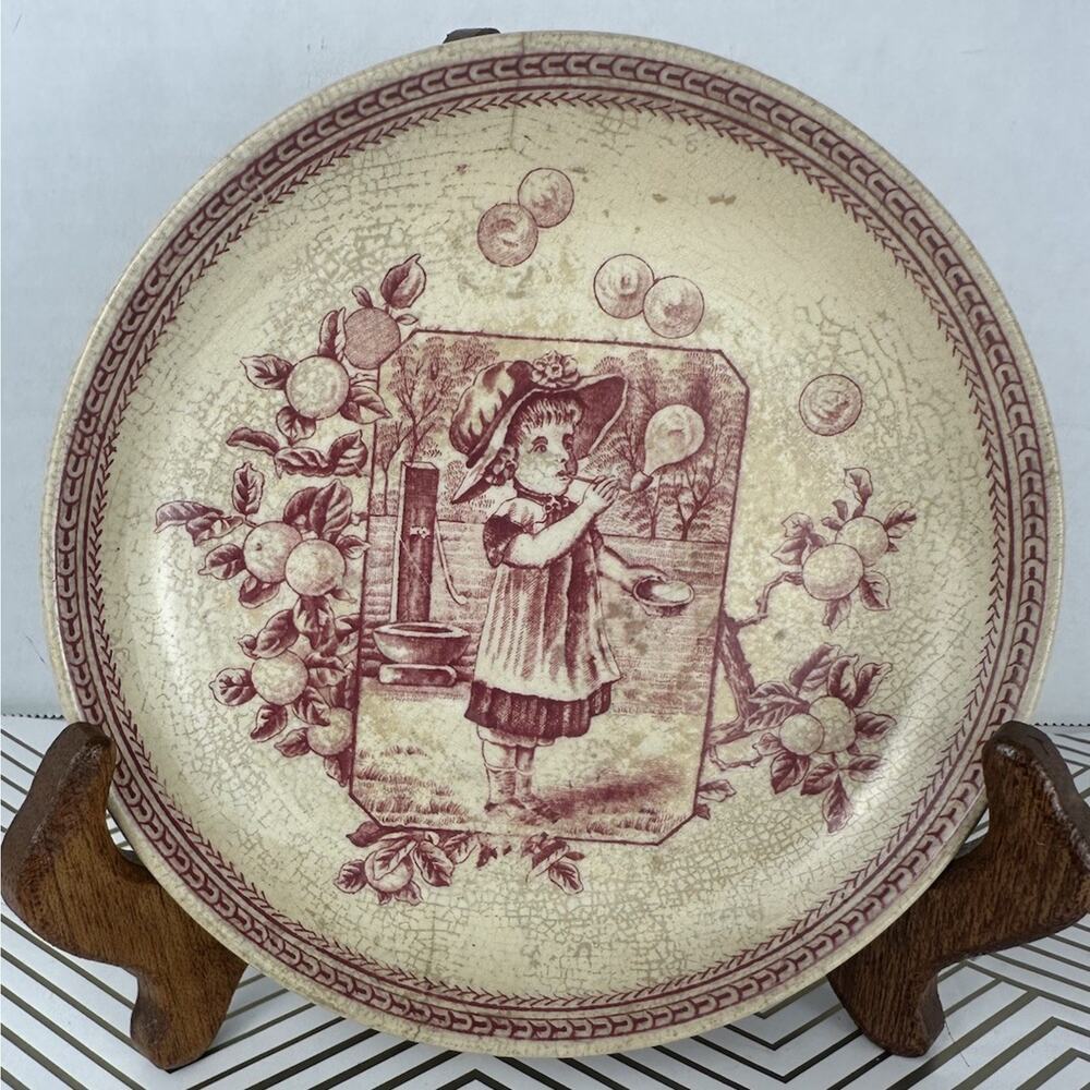 Old Hall Earthenware Co Mother Hubbard Transferware 6” Red Plate C1861-1884